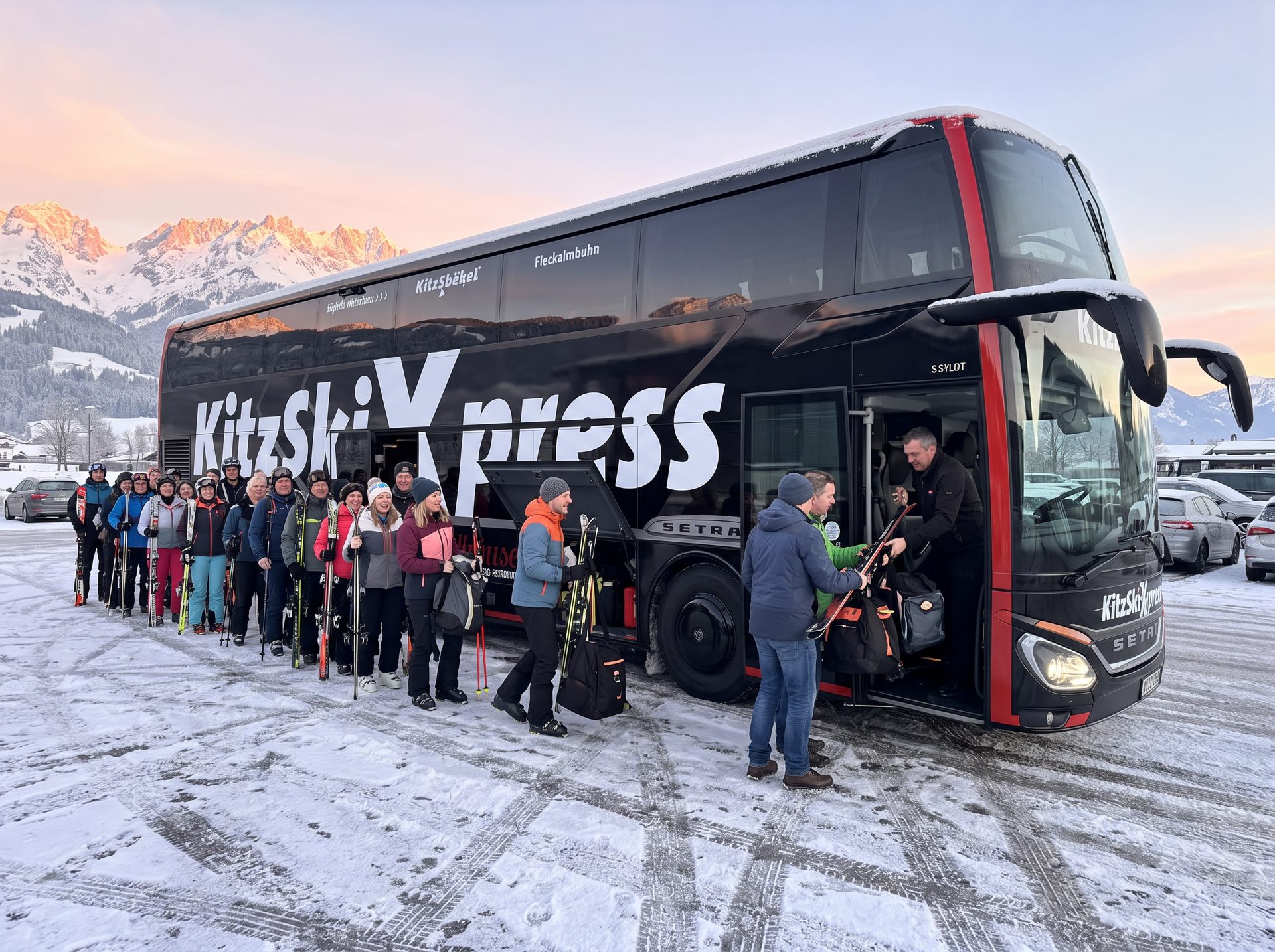 Skifahrer stehen mit Ski und Taschen in einer Schlange vor dem schwarzen KitzSkiXpress-Doppeldecker, der Fahrer verlädt Gepäck, dahinter glühen die Berggipfel im Morgenrot